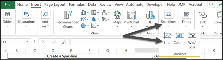 A screenshot of where to the find the Sparkline tool under the Insert tab in Microsoft Excel.