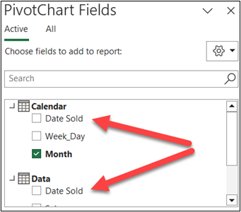 shows the pivotchart fields and how the two tables have a comonality