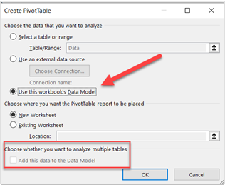 shows to check the box 'Use this workbook's data model" in Excel
