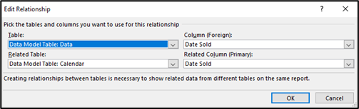 shows the pop-up window and how to set up the connection between the two tables in Excel