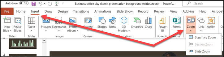 illustrates the Zoom feature in PowerPoint: summary, section, or slide zoom
