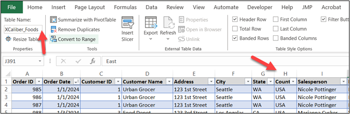 shows exploring the XCaliber Food data - naming the table, noticing columns that need deleted (or cleaned) in Excel