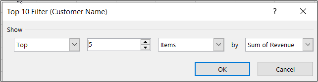 This image shows the process for using the Top 10 Filter down to Top 5 by Customer name.