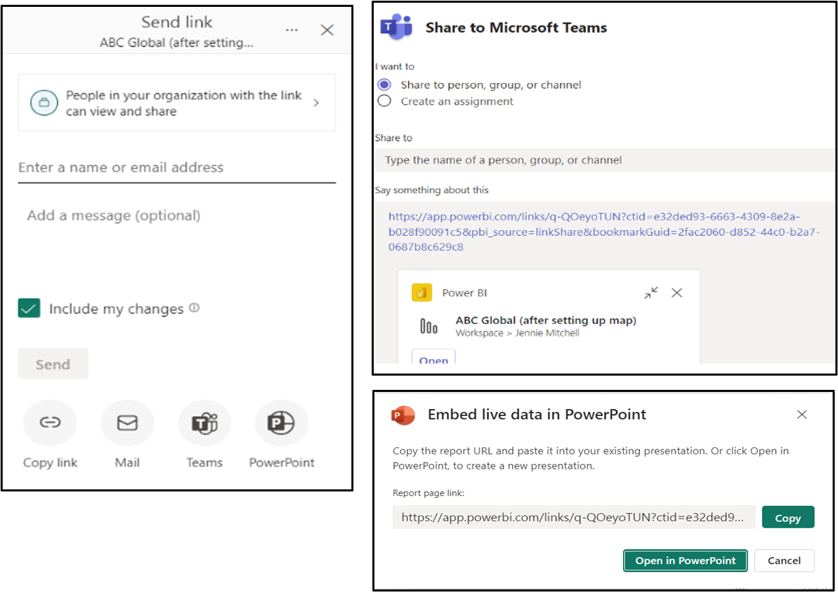 A screenshot showing how the Pro Version of Power BI Services can link to Teams