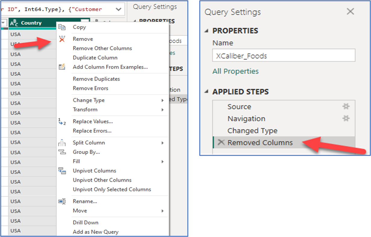 A screenshot showing the Query Editor Pop-up Pane to remove a column in Power BI Desktop