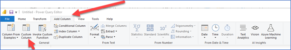 A screenshot showing how to add a custom column in Power BI Desktop