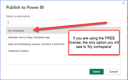 A screenshot showing how to Publish to Power BI Online from Power BI Desktop