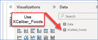 A screenshot showing the data pane in Power BI Desktop and to use the XCaliber Foods
