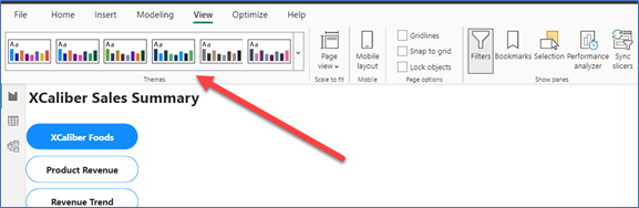 A screenshot showing the themes in Power BI Desktop