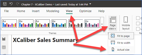 A screenshot showing how to size tool tips by choosing view in Power BI Desktop