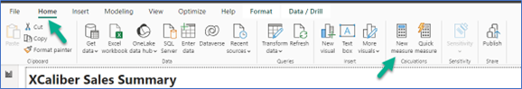 A screenshot showing how to add a new measure target in Power BI Desktop