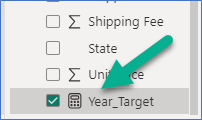 A screenshot showing the new measure in the Data pane in Poer BI Desktop