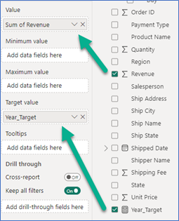 A screenshot showing how to set up a gauge visual KPI in Power BI Desktop