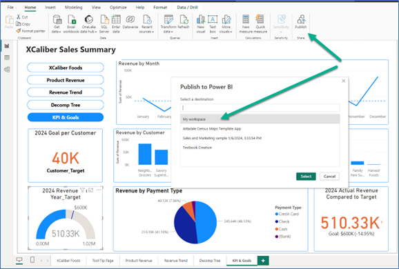 A screenshot showing how to publish from your Power BI Desktop to Power BI Services Online