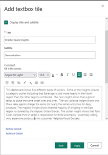 Showing how to add a textbox title to the dashboard in Power BI Services Online