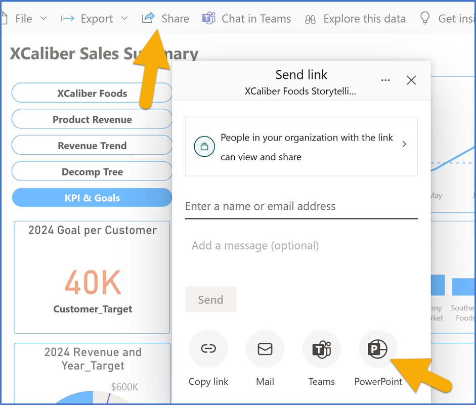 Shows how Power BI Report can be shared to a Power Point