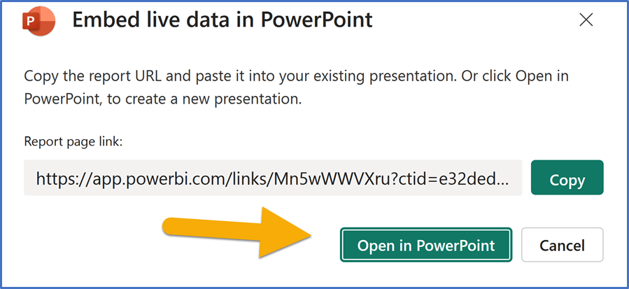 A pop-up image button to embed live data and open in Power Point