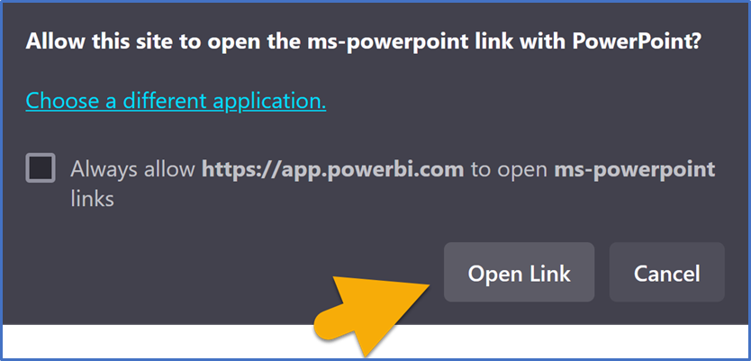 A pop-up image in Power BI allowing PowerPoint to Open link