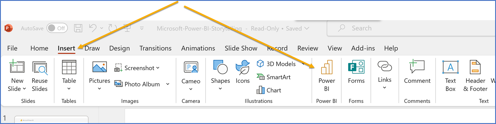 Shows location of Power BI Button in Power Point
