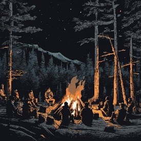 A group of people sitting around a campfire.