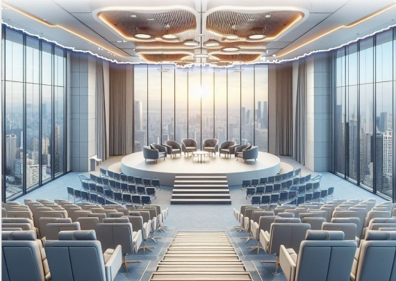 A room with a round stage and chairs