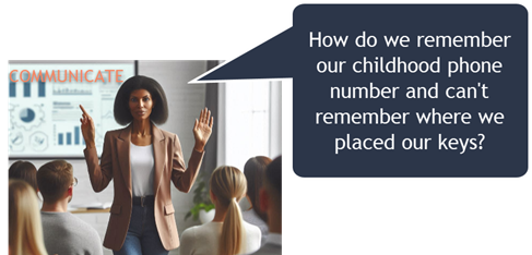 A woman presenting in front of a PowerPoint, with a speech bubble that says, "How do we remember our childhood phone number and can't remember where we placed our keys?"