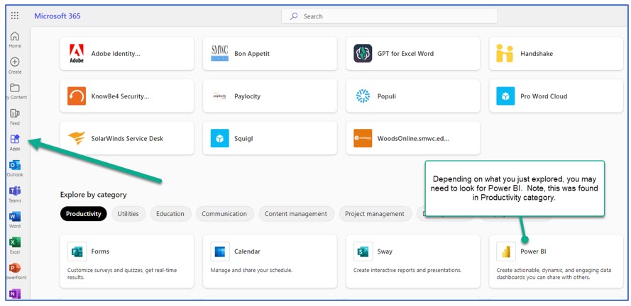 A screenshot showing you how to find the Power BI App