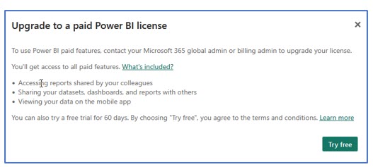 Showing the no share options for a free account in Power BI Services Online