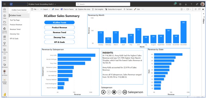 Showing how XCaliber looks ishowing automatic navigation in Power BI Services Online