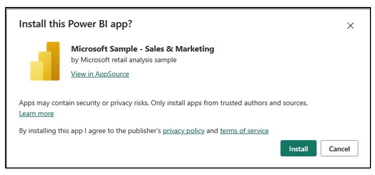 A screenshot showing how to install the Power BI App sample