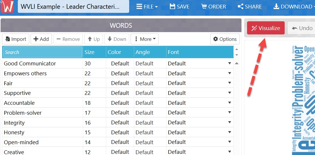screenshot featuring the Visualize button