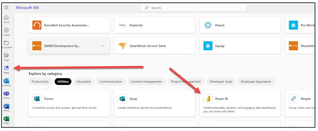 A screenshot showing an arrow to Power BI Apps in Power BI Services Online