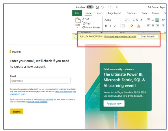 A screenshot of a popup window when you choose the Power BI button