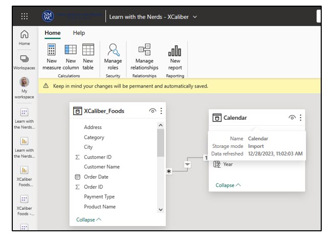 A screenshot showing the semantic model in Power BI Services Online using XCaliber_Foods