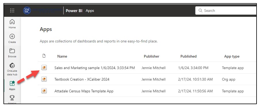 A screenshot showing how to open the sample Sales and Marekting sample in Power BI Online