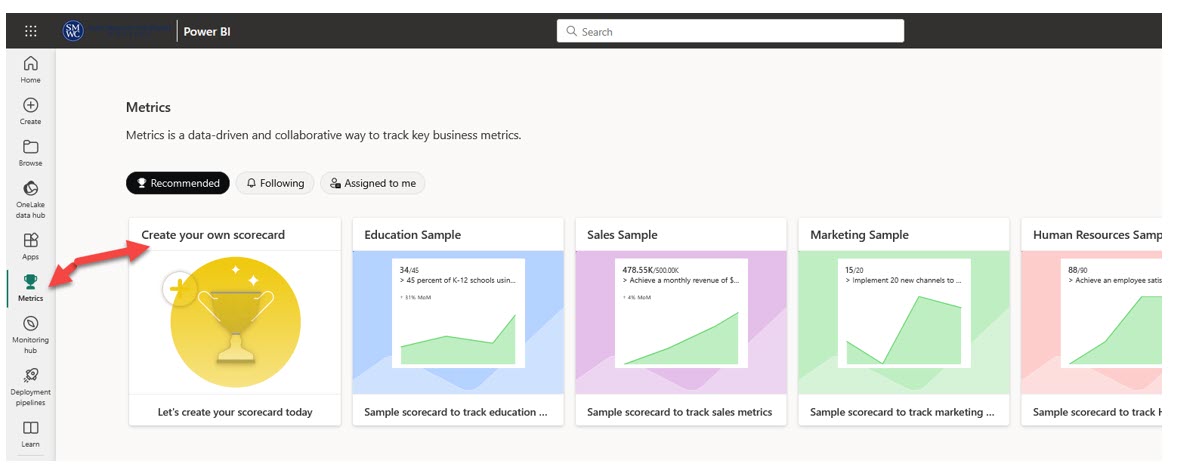 A screenshot of Power BI Online and the types of metric examples: education, sales, marketing, etc.