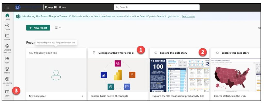 A screenshot showing inside for Power BI Services (Online) highlight learn, getting started and explore the story