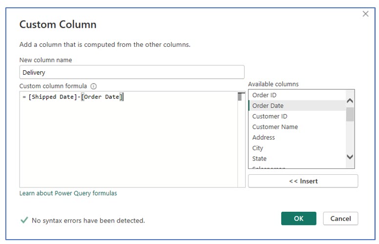 A screenshot showing a custom column for delivery for XCaliber Foods
