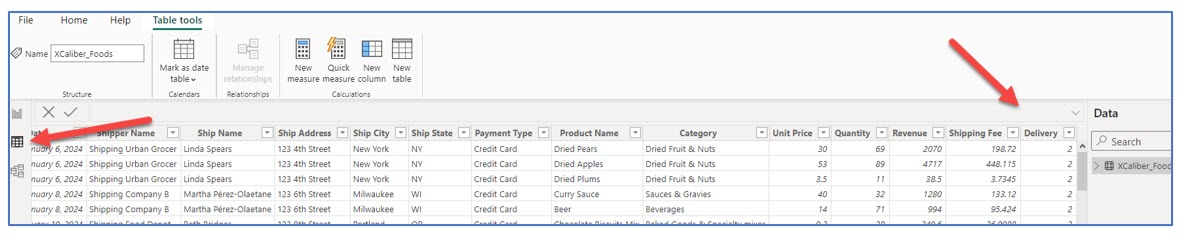 A screenshot showing a table view of XCaliber Foods - emphasizing the delivery column in Power BI Desktop