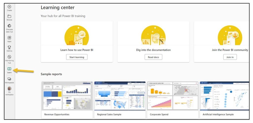 A screenshot showing the learning center of Power BI Services online
