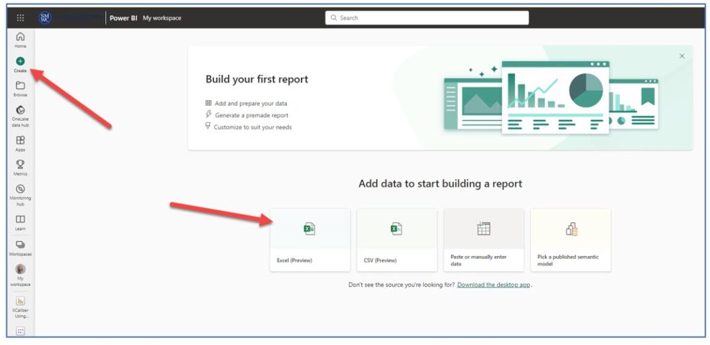 A screenshot showing the steps to create and build your first Power BI Online Excel preview