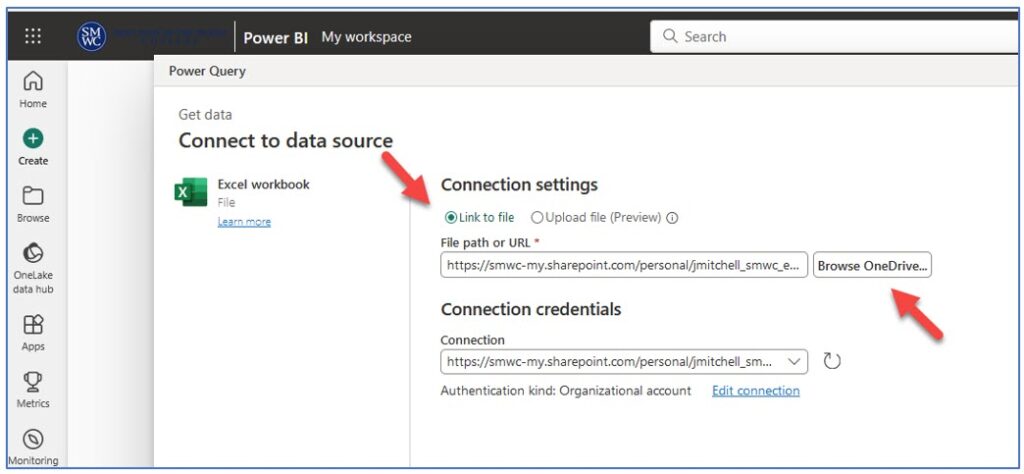 A screenshot showing a link to file in Power BI Services Online