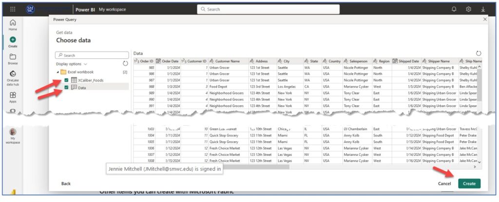 A screenshot of Power BI Services Online showing choosing data and then choosing create