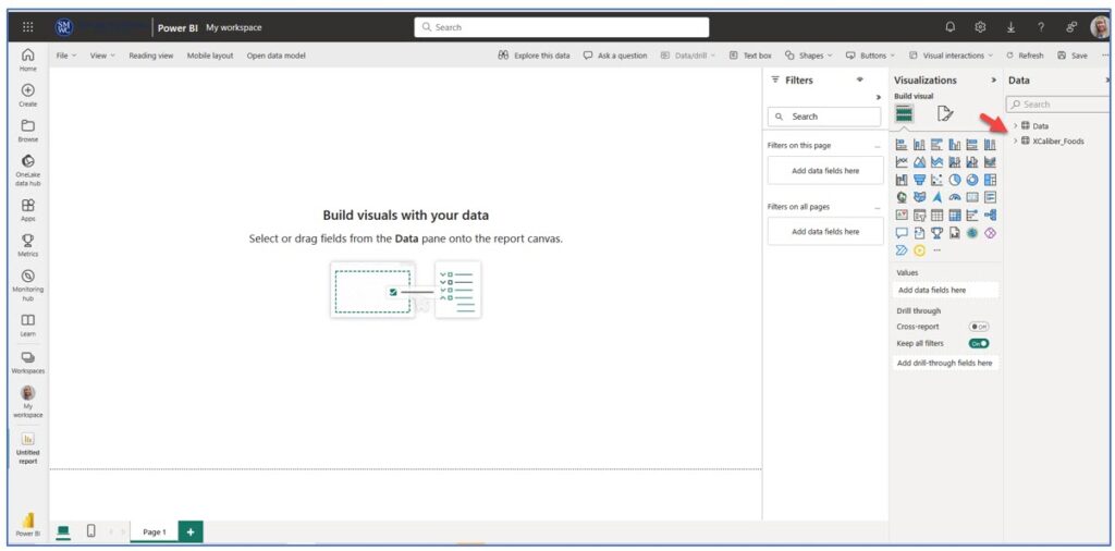 A balnk canvas in Power BI Services Online emphasizing the data pane