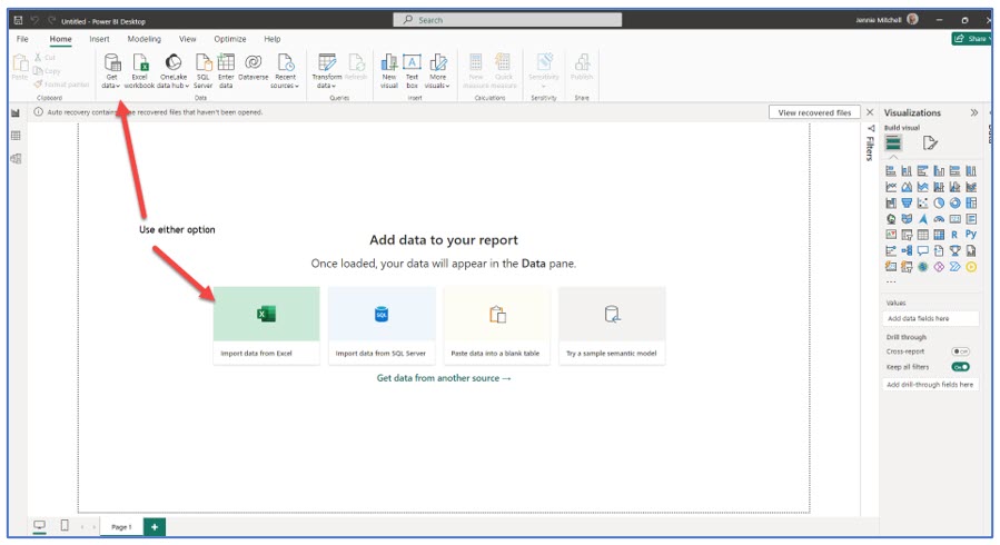 A screenshot showing starting new in Power BI Desktop
