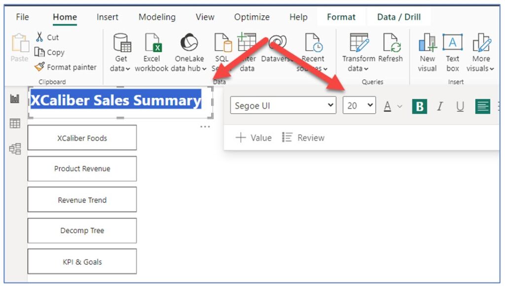 A screenshot showing a title and how to change font and size in Power BI Desktop