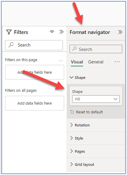 A screenshot showing the Format Navigator and how to change buttons to pill shapes in Power BI Desktop