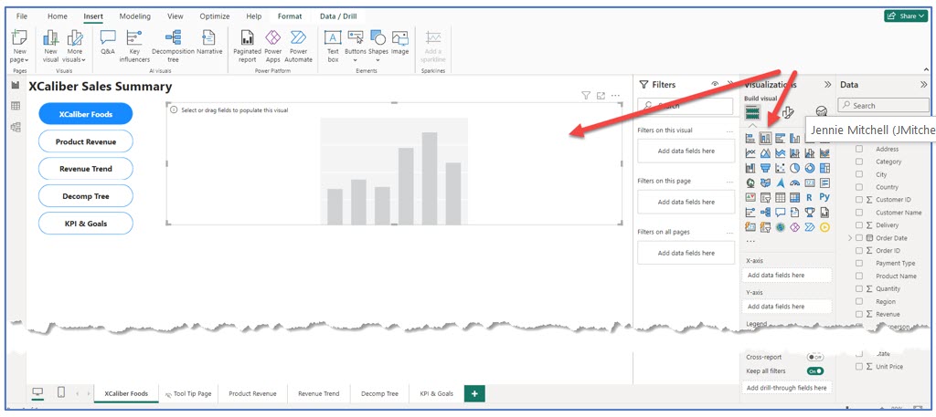 A screenshot of adding a visualization container to the Power BI Desktop canvas