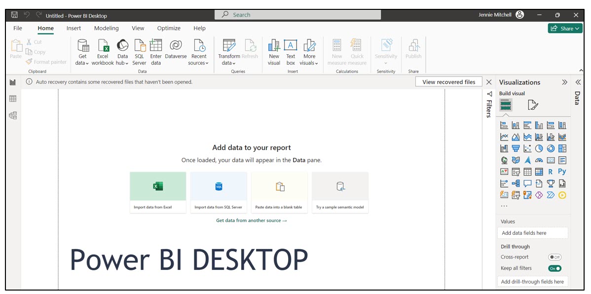 A Screenshot showing the untitled vidw of Power BI Desktop