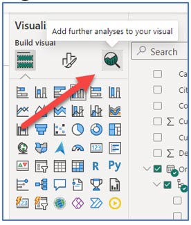 A partial screenshot showing how to further analyze to a cluster column chart in Power BI Desktop